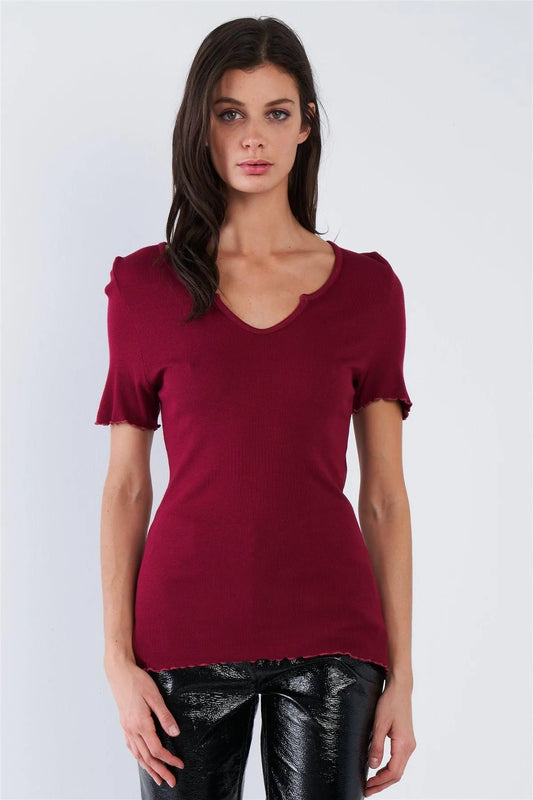 Cherry Red Ribbed V-Neck Top /3-2-1 - Tasha Apparel Wholesale