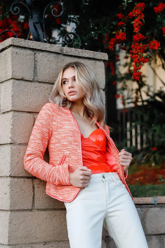 Delicious Orange Vintage Tweed Long Sleeve Front Zip-Up Detail Jacket With Pockets /1-1-2 - Tasha Apparel Wholesale