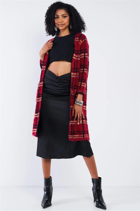 Red Multi Color Plaid Knit Open Front Casual Cardigan - Tasha Apparel Wholesale