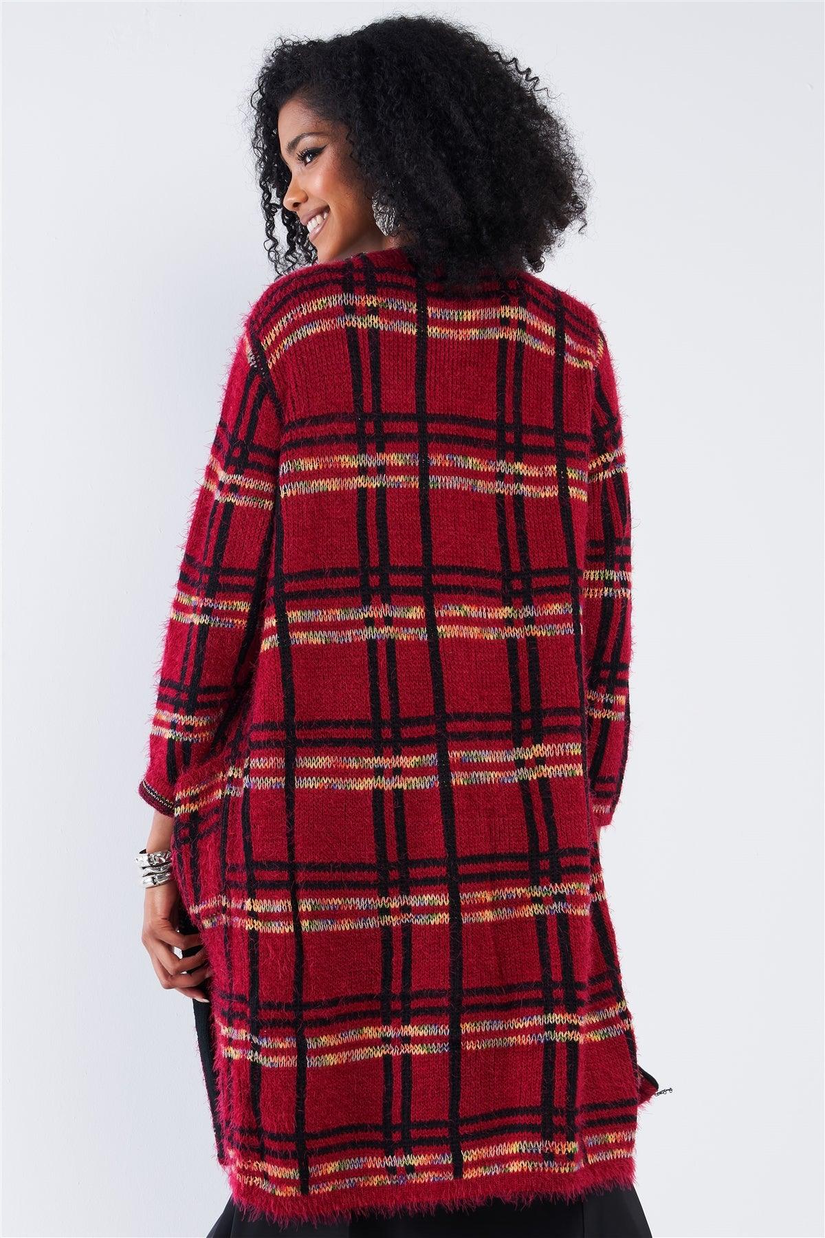 Red Multi Color Plaid Knit Open Front Casual Cardigan