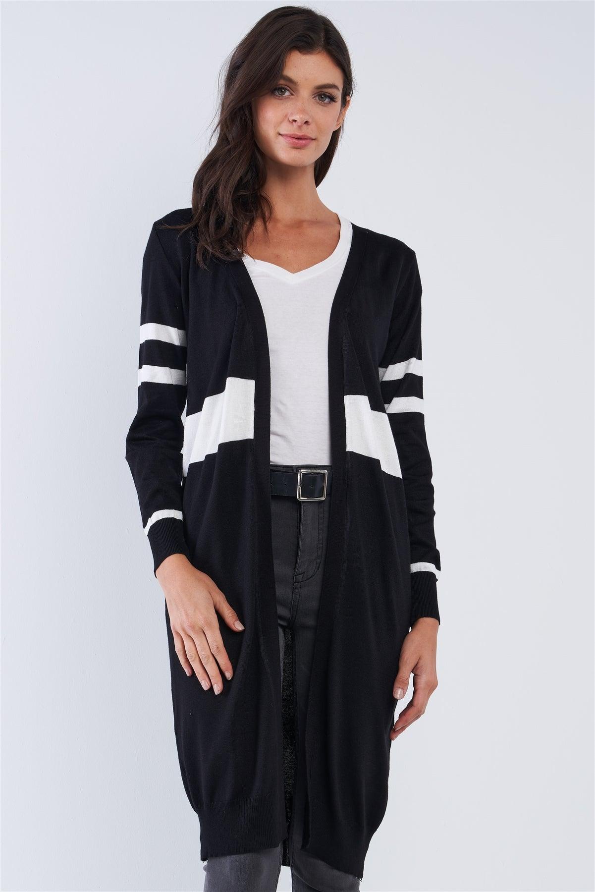 Black And White Open Front Stripe Long Sleeve Casual Cardigan /OS