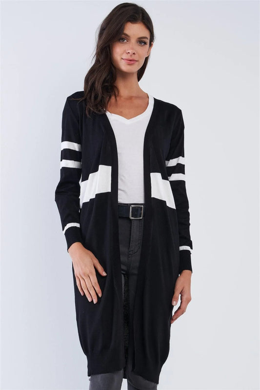 Black And White Open Front Stripe Long Sleeve Casual Cardigan /OS - Tasha Apparel Wholesale