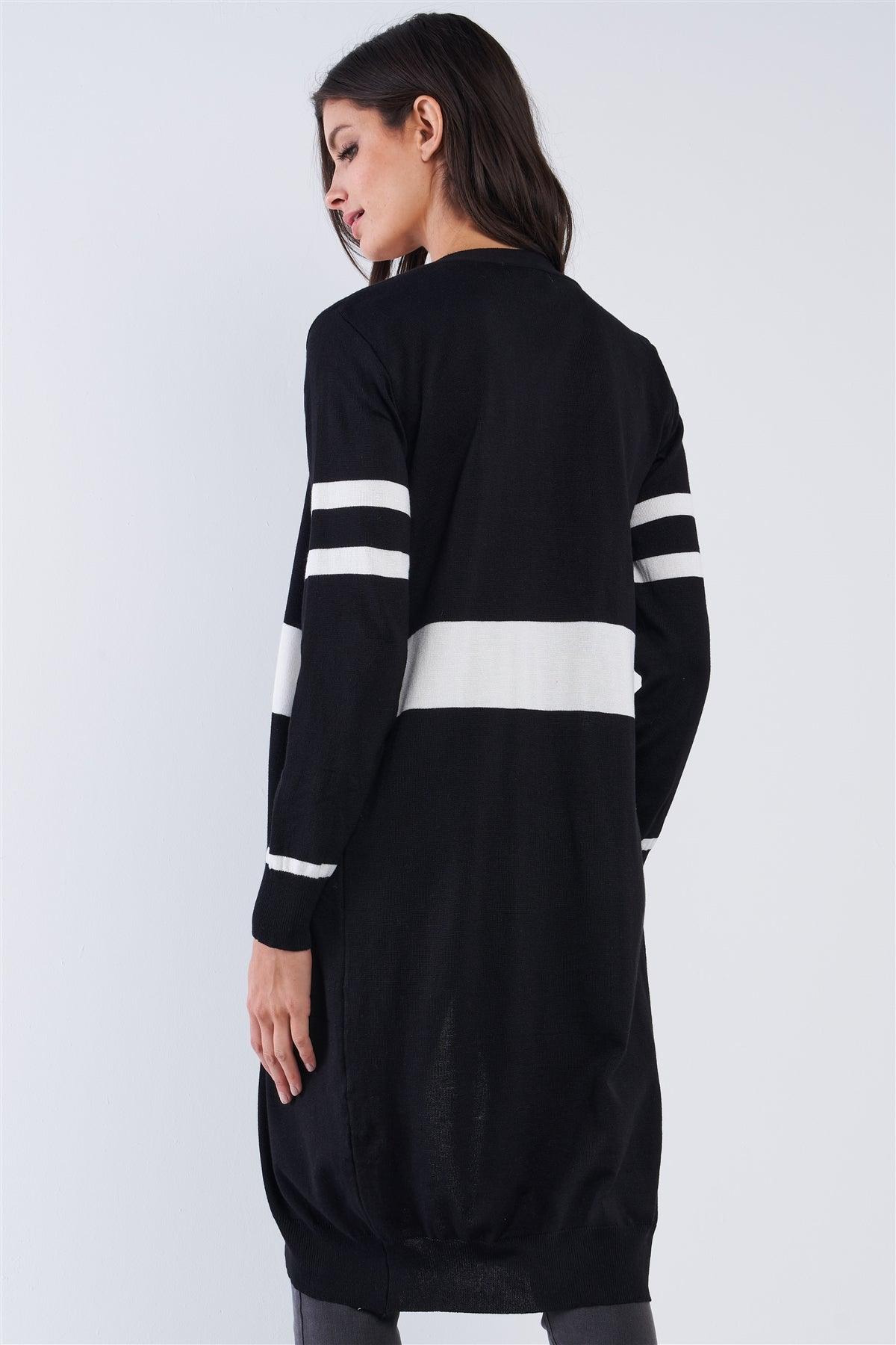 Black And White Open Front Stripe Long Sleeve Casual Cardigan /OS