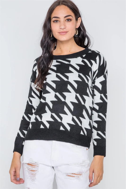 Black Geo Print Color Block Knit Sweater /3-2 - Tasha Apparel Wholesale