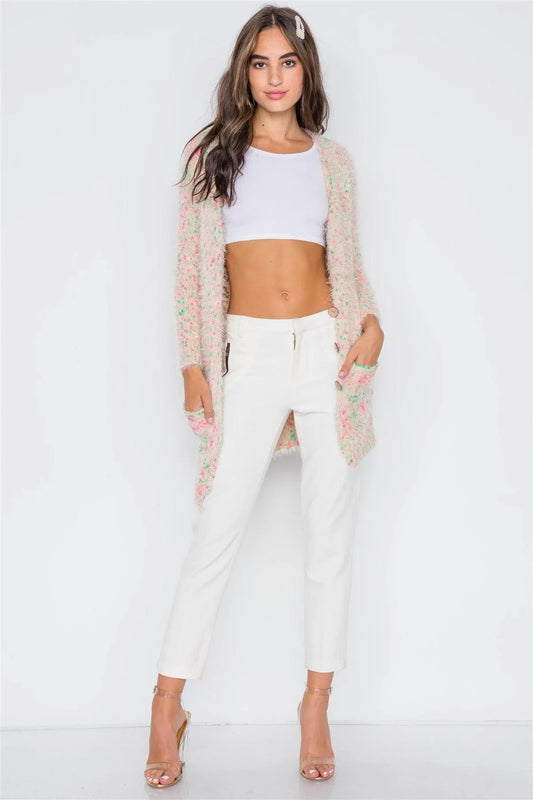 Cream Multi Fuzzy Knit Button-Front Soft Cardigan / 5 - Tasha Apparel Wholesale