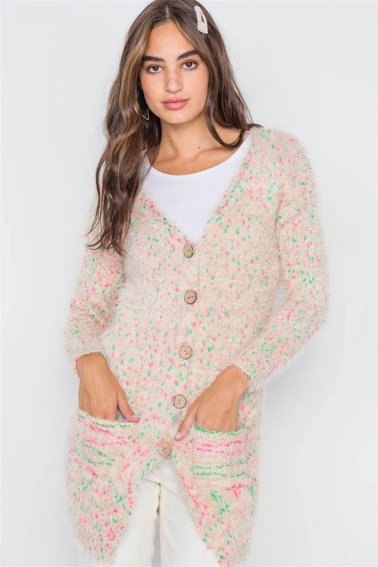 Cream Multi Fuzzy Knit Button-Front Soft Cardigan /6 Pieces One Size - Tasha Apparel Wholesale