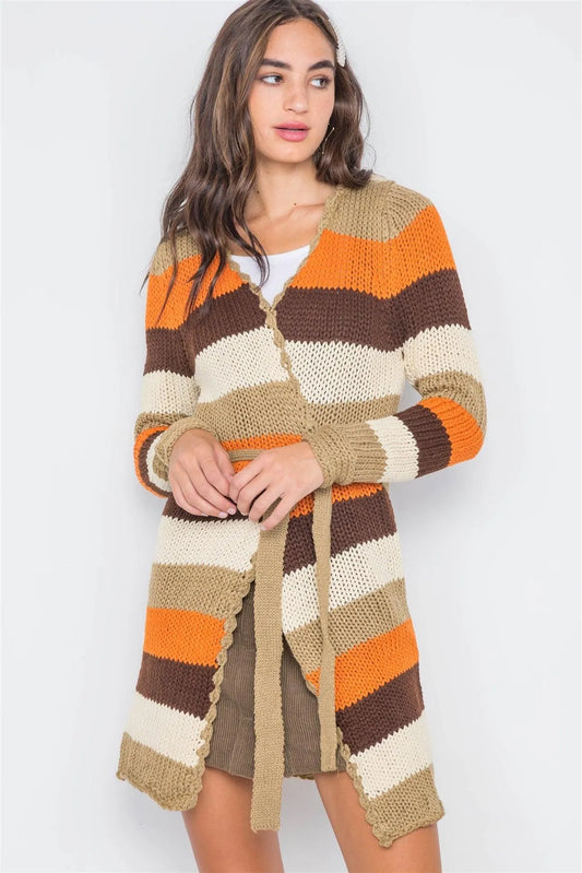 Cream Multi Chunky Knit Colorblock Cardigan / 2-4-1 - Tasha Apparel Wholesale