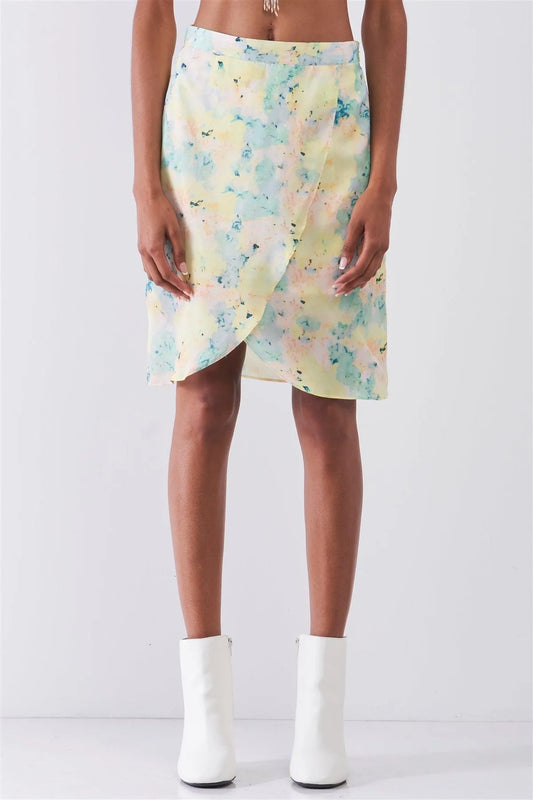 Impressionist's Paradise Multicolor Floral High Waist Front Wrap Detail Tulip Petal Skirt /1-2-2-1 - Tasha Apparel Wholesale