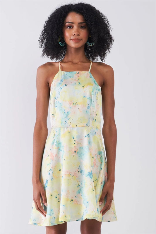 Multicolor Floral Sleeveless Criss-Cross Back Straps Detail Square Neck Mini Dress /1-2-3-1 - Tasha Apparel Wholesale
