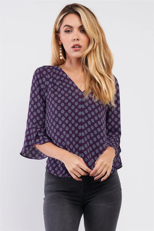 Purple Multi Color Print V-Neck Midi Sleeve Flare Heme Self-Tie Back Detail Top /1-2-2-1 - Tasha Apparel Wholesale