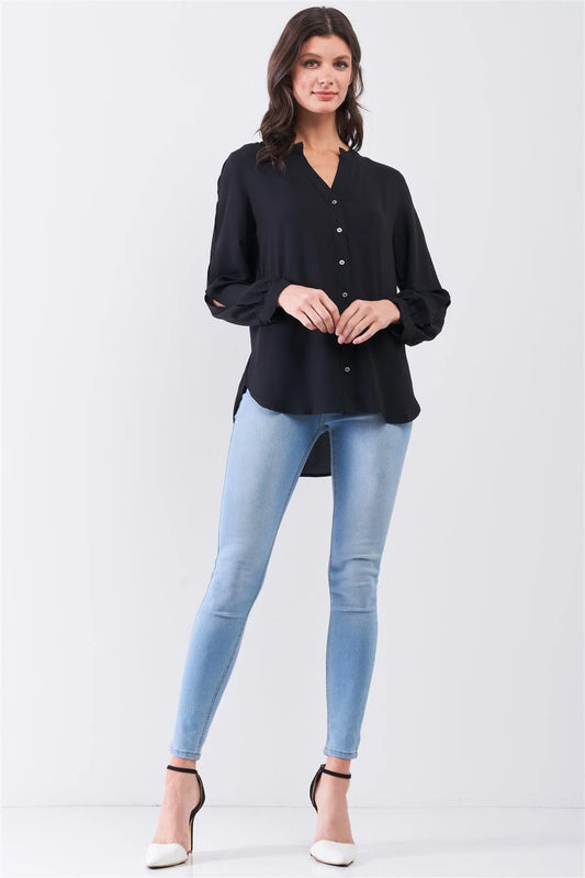 Black Asymmetrical Long Sleeve Button-Up Front Relaxed Shirt /3-1-1 - Tasha Apparel Wholesale