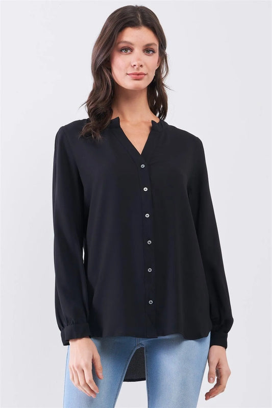 Black Asymmetrical Long Sleeve Button-Up Front Relaxed Shirt /1-3-2 - Tasha Apparel Wholesale