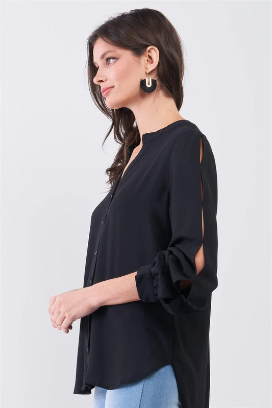 Black Asymmetrical Long Sleeve Button-Up Front Relaxed Shirt - Tasha Apparel Wholesale
