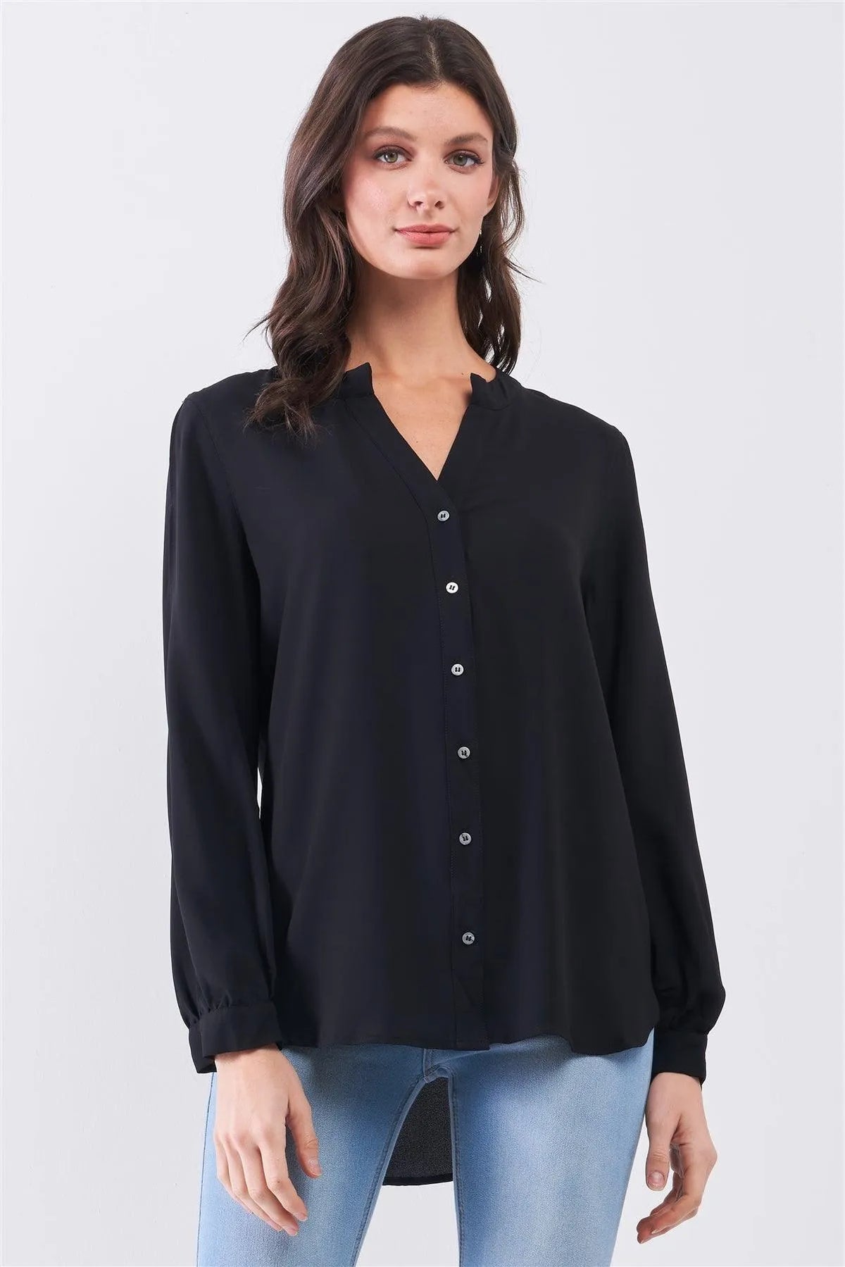Wholesale Black Asymmetrical Long Sleeve Button-Up Front Relaxed Shirt