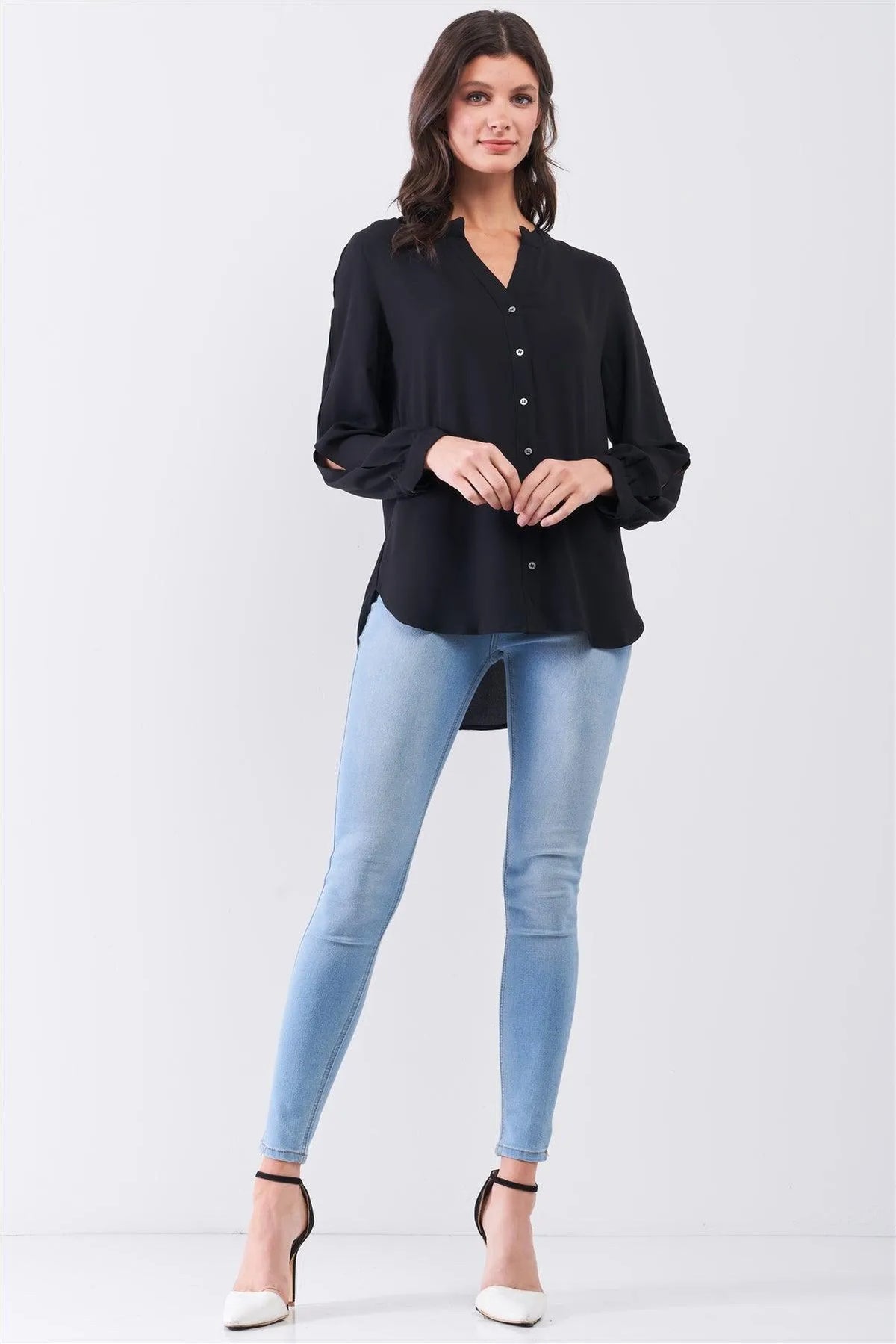 Wholesale Black Asymmetrical Long Sleeve Button-Up Front Relaxed Shirt