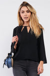 Black Long Sleeve Draw String Tie Round Neck Cut Out Detail Relaxed Blouse /1-2-2-1 - Tasha Apparel Wholesale