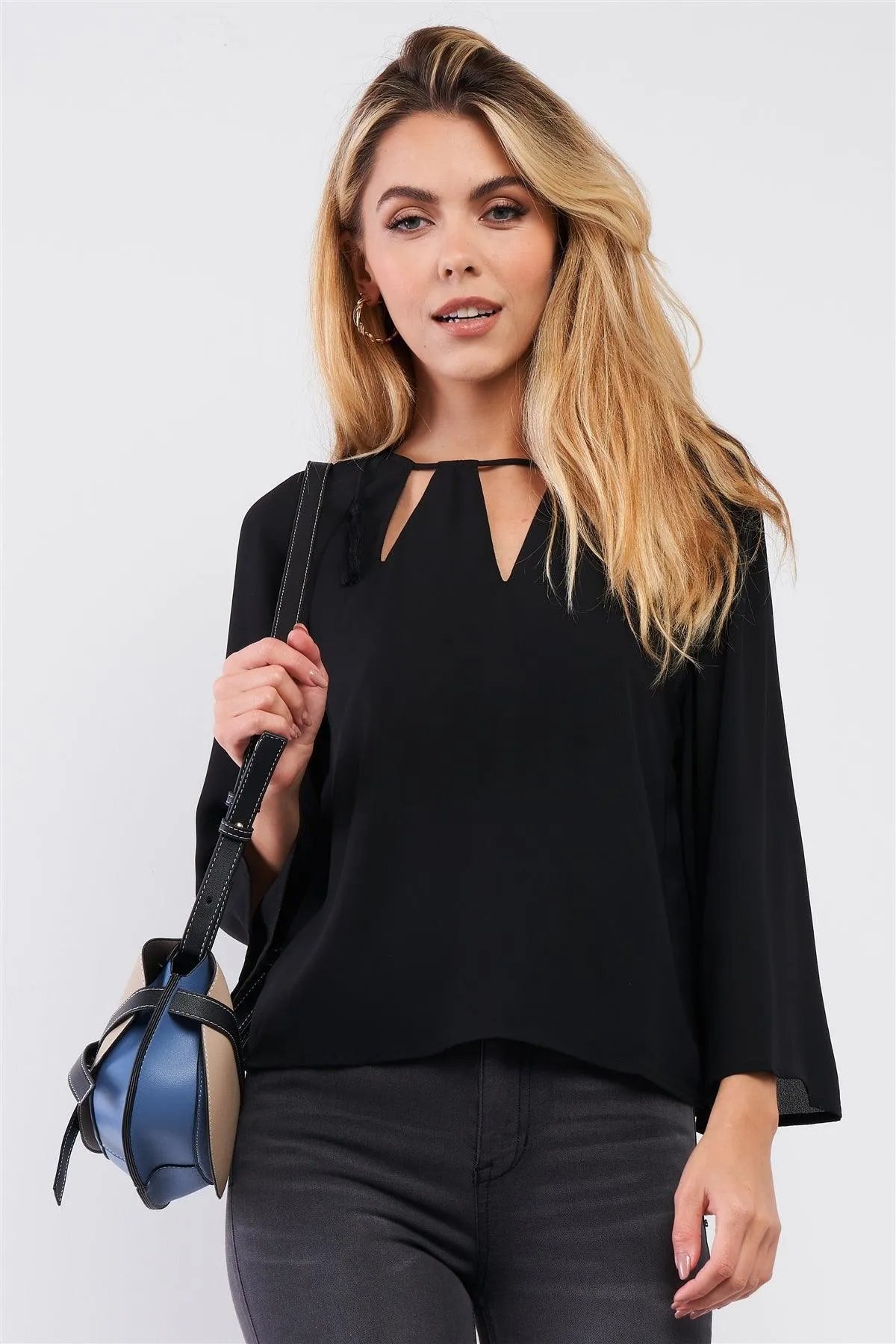 Black Long Sleeve Draw String Tie Round Neck Cut Out Detail Relaxed Blouse /1-2-2-1 - Tasha Apparel Wholesale