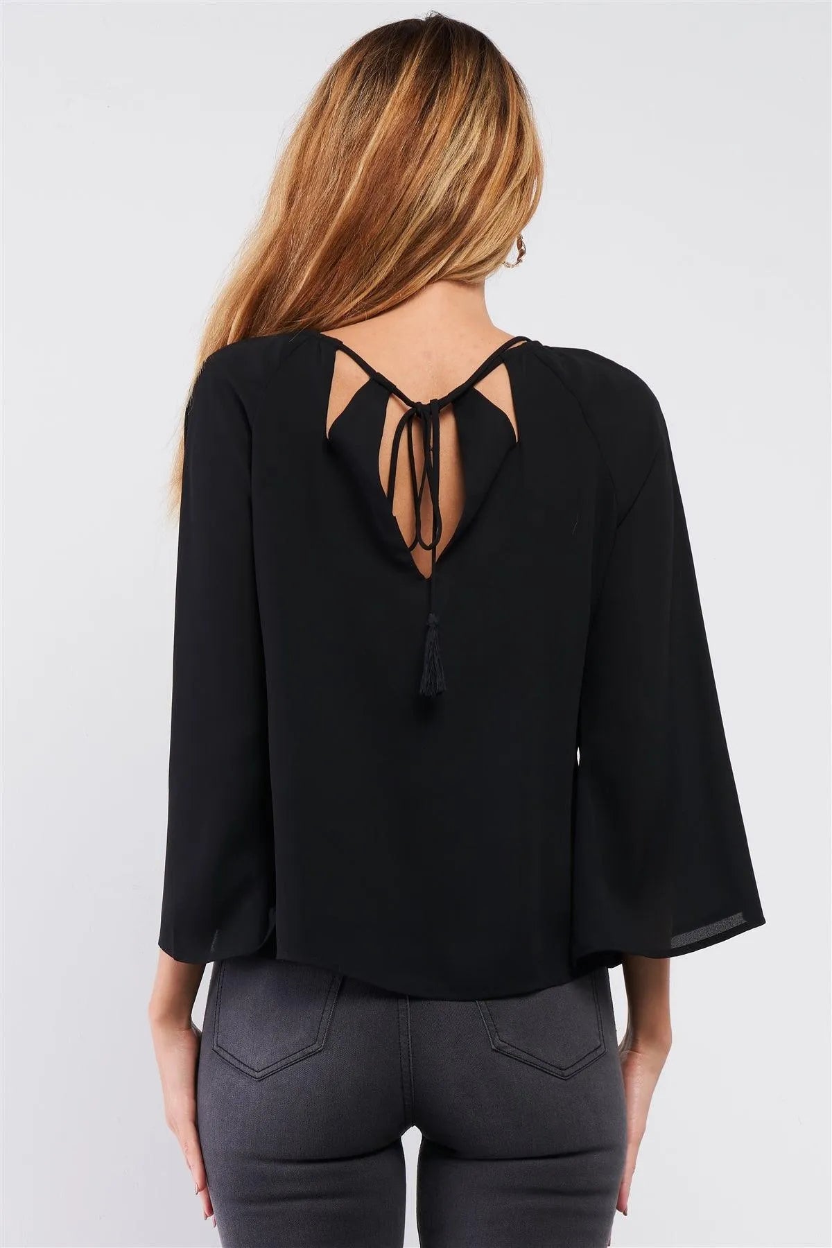 Black Long Sleeve Draw String Tie Round Neck Cut Out Detail Relaxed Blouse /1-2-2-1 - Tasha Apparel Wholesale