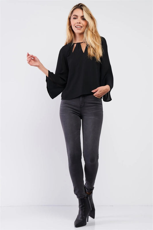 Black Long Sleeve Draw String Tie Round Neck Cut Out Detail Relaxed Blouse /1-3-2-1 - Tasha Apparel Wholesale