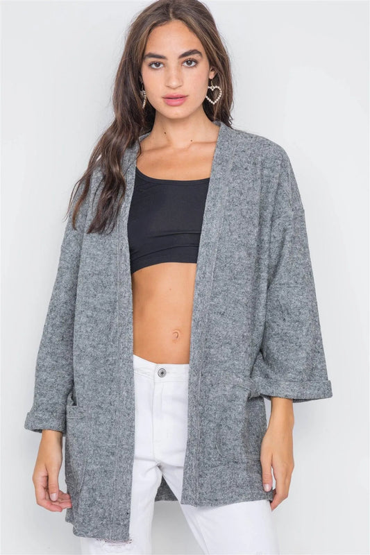 Heather Gray Open Front Cardigan /3-2-1 - Tasha Apparel Wholesale