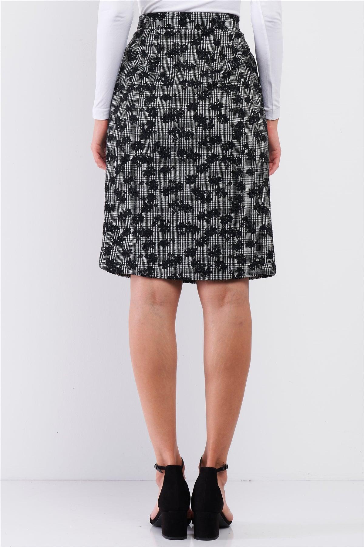 Black And White Checkered And Floral Print High Waisted Pencil Skirt / 1-2-2-1