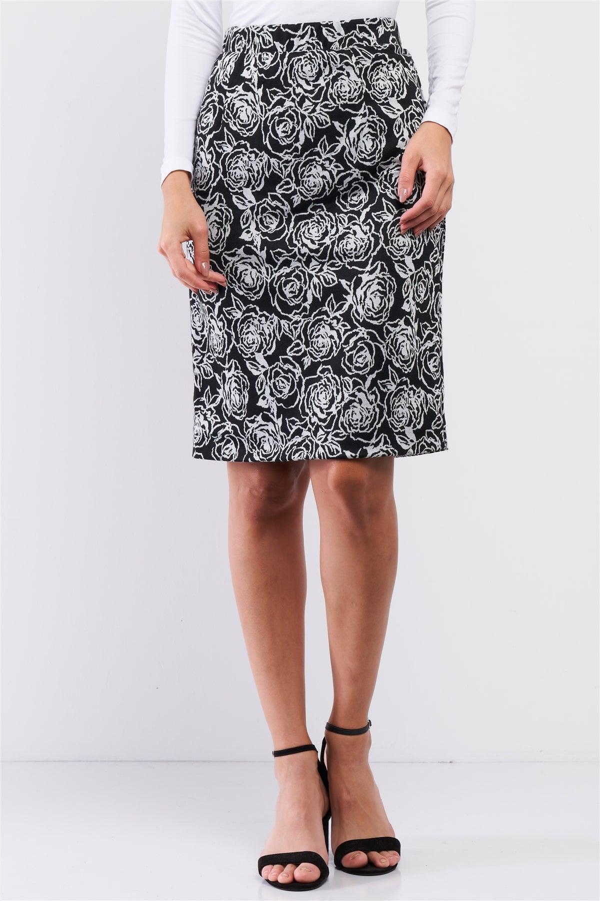 Black And White Rose Print High Waisted Pencil Skirt / 1-2-2-1