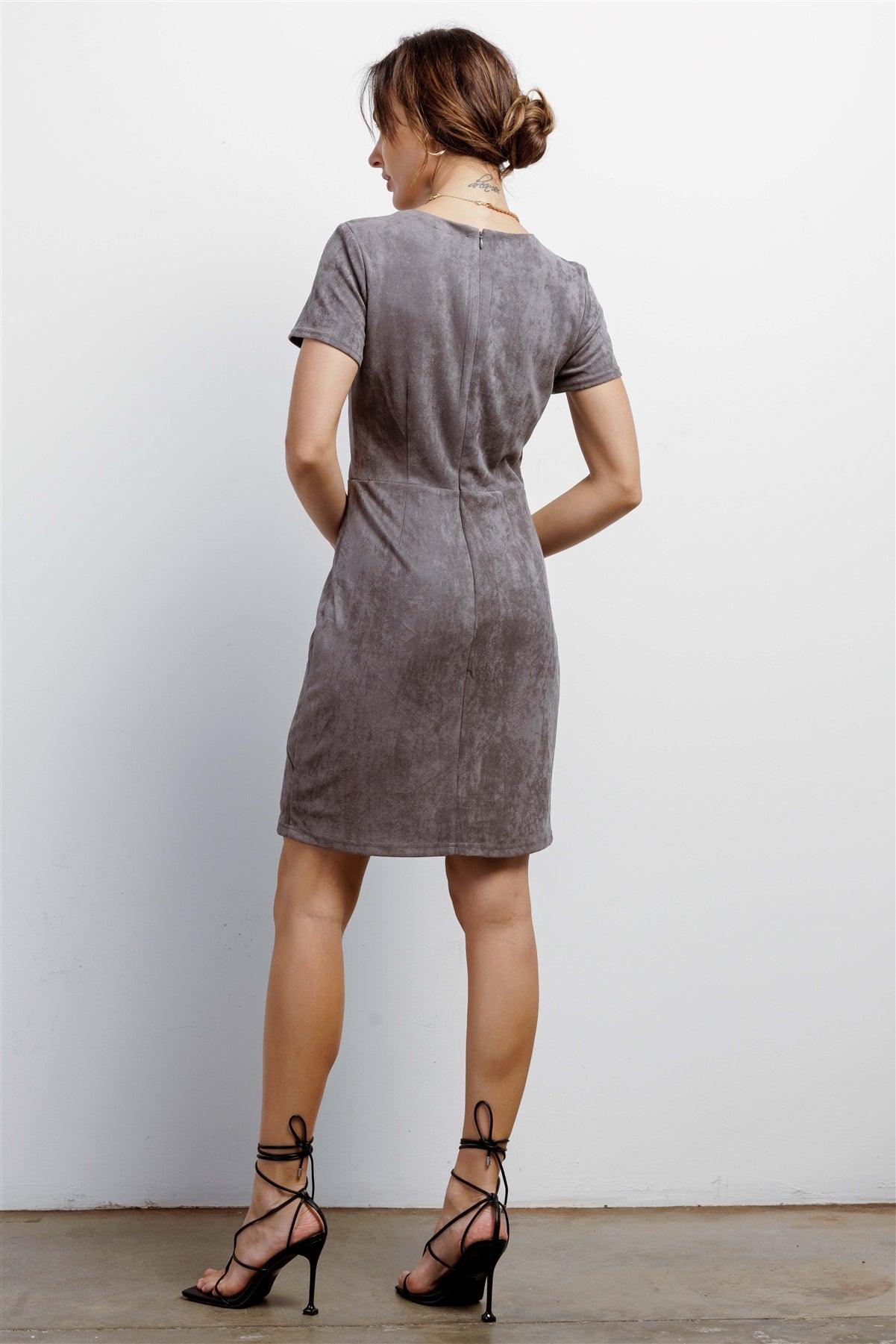 Heather Grey Faux Suede Short Sleeve Round Neck Fitted Mini Dress /1-2-2-1