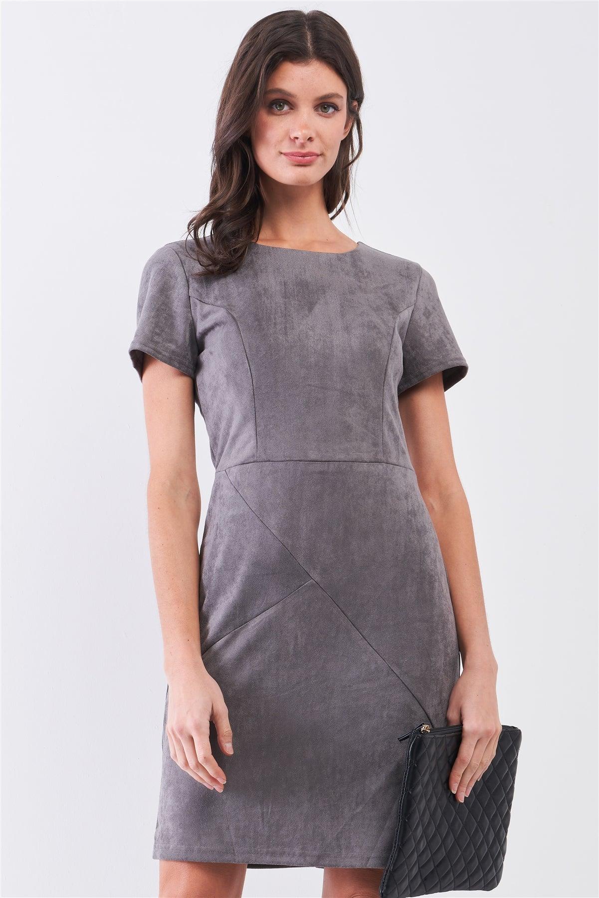 Heather Grey Faux Suede Short Sleeve Round Neck Fitted Mini Dress /1-2-2-1