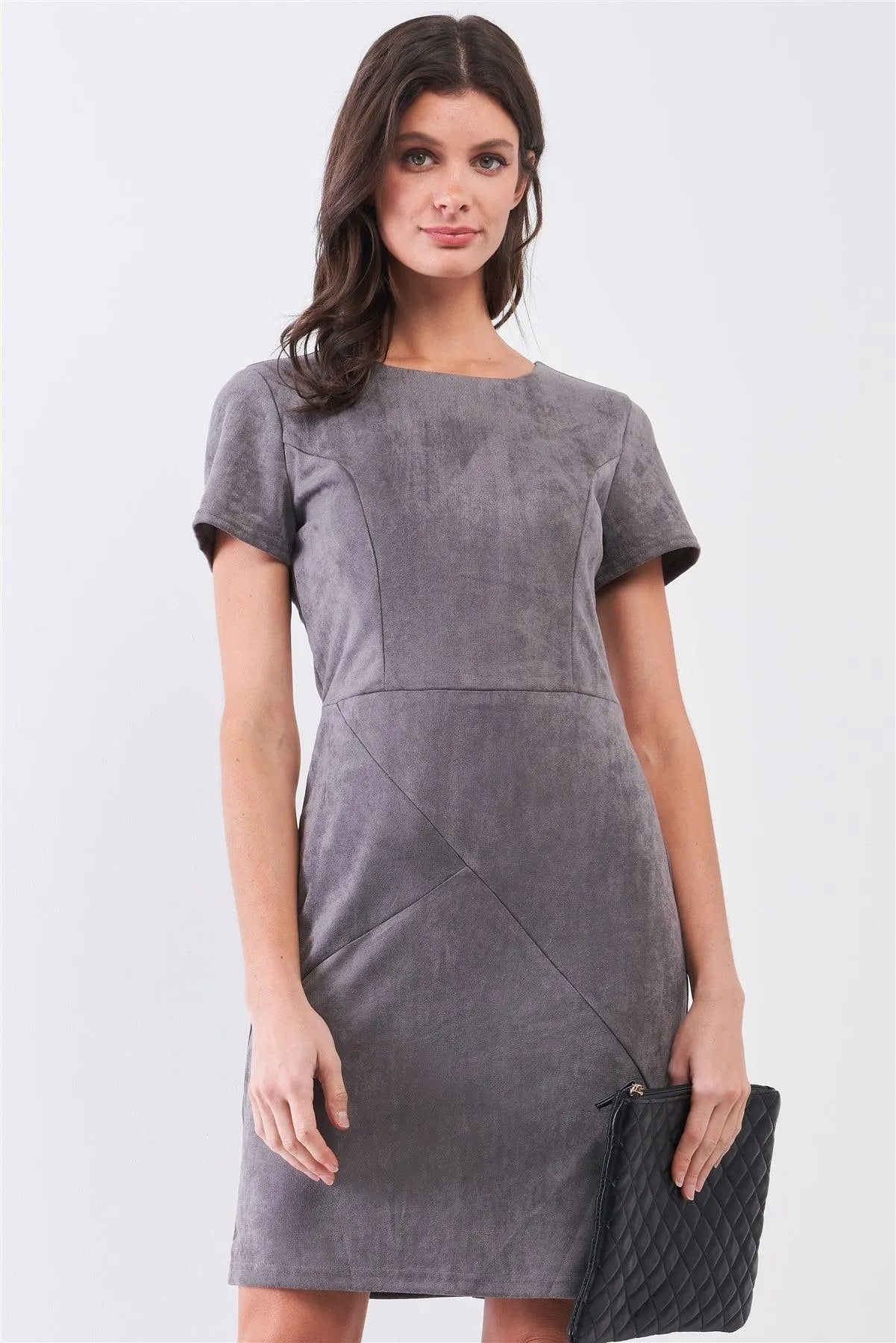 Heather Grey Faux Suede Short Sleeve Round Neck Fitted Mini Dress /1-2-2-1 Heather Grey Faux Suede Short Sleeve Round Neck Fitted Mini Dress /1-2-2-1