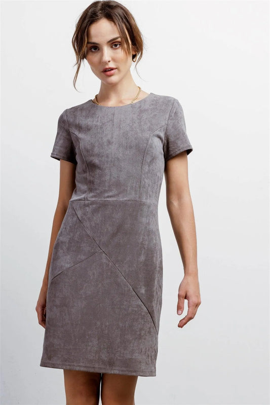 Heather Grey Faux Suede Short Sleeve Round Neck Fitted Mini Dress /2-3-2 - Tasha Apparel Wholesale