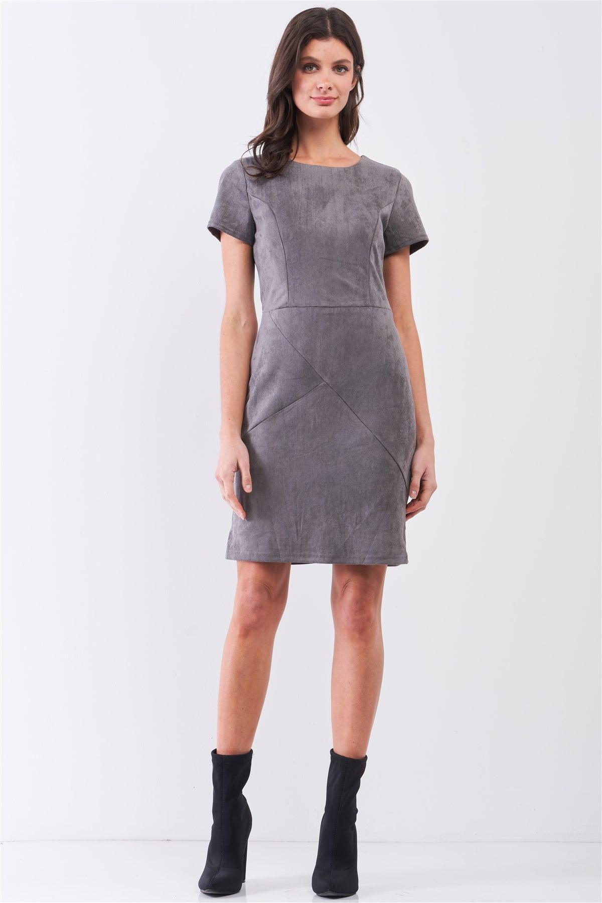 Heather Grey Faux Suede Short Sleeve Round Neck Fitted Mini Dress /2-3-2
