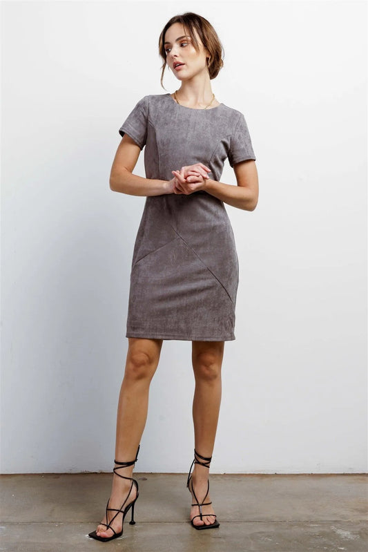 Heather Grey Faux Suede Short Sleeve Round Neck Fitted Mini Dress /1-1-1-1-1-1 - Tasha Apparel Wholesale