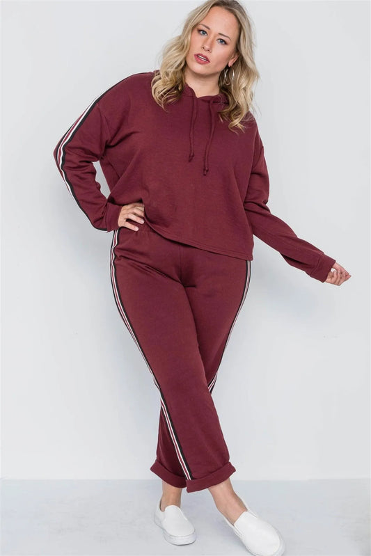 Plus Size Burgundy Sporty Contrast Trim Two Pice Set /1-2 - Tasha Apparel Wholesale