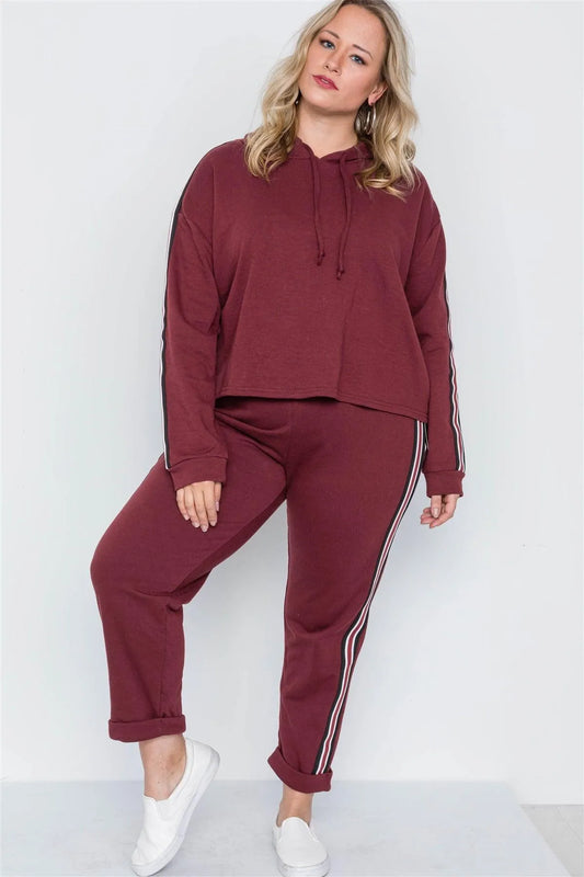 Plus Size Burgundy Sporty Contrast Trim Two Pice Set /2-2-2 - Tasha Apparel Wholesale
