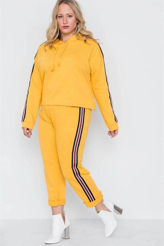Plus Size Mustard Sporty Contrast Trim Two Pice Set /1-2 - Tasha Apparel Wholesale
