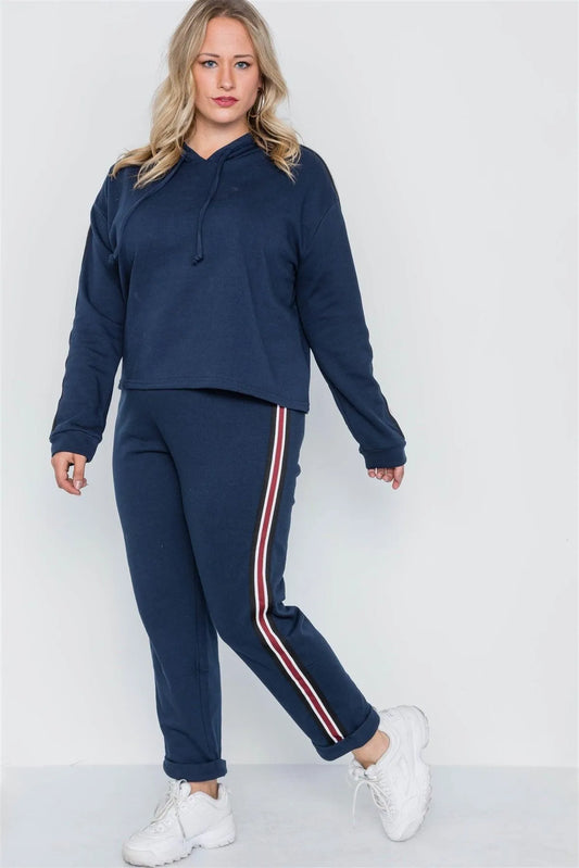 Plus Size Navy Sporty Contrast Trim Two Pice Set /1-2 - Tasha Apparel Wholesale
