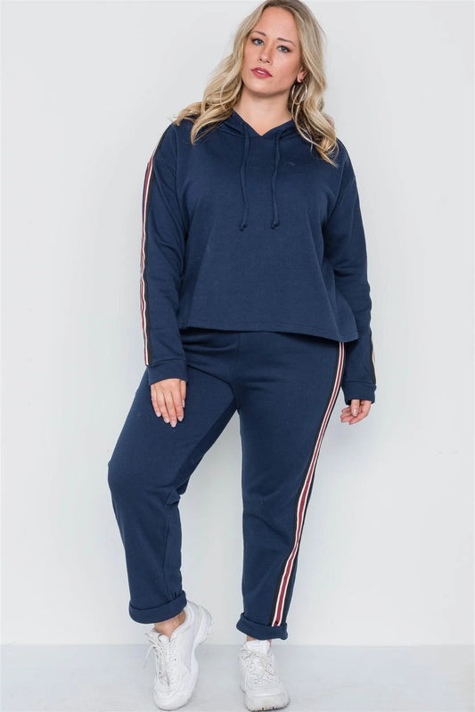 Plus Size Navy Sporty Contrast Trim Two Pice Set /2-2-2 - Tasha Apparel Wholesale