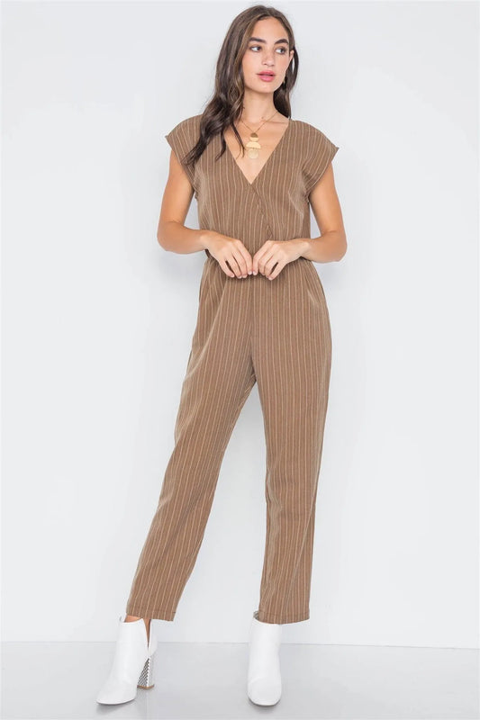 Branch Stripe Surplice Straight Leg Jumpsuit /3-2-1 - Tasha Apparel Wholesale