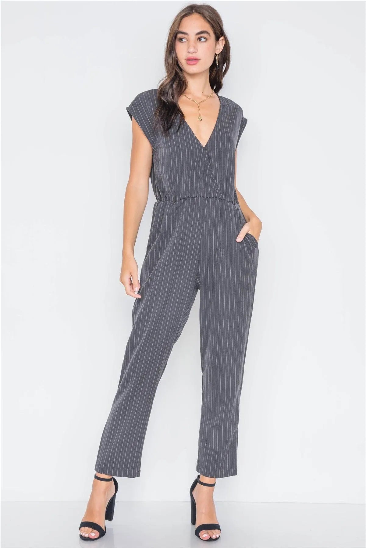 Carbon Stripe Surplice Straight Leg Jumpsuit - Tasha Apparel Wholesale