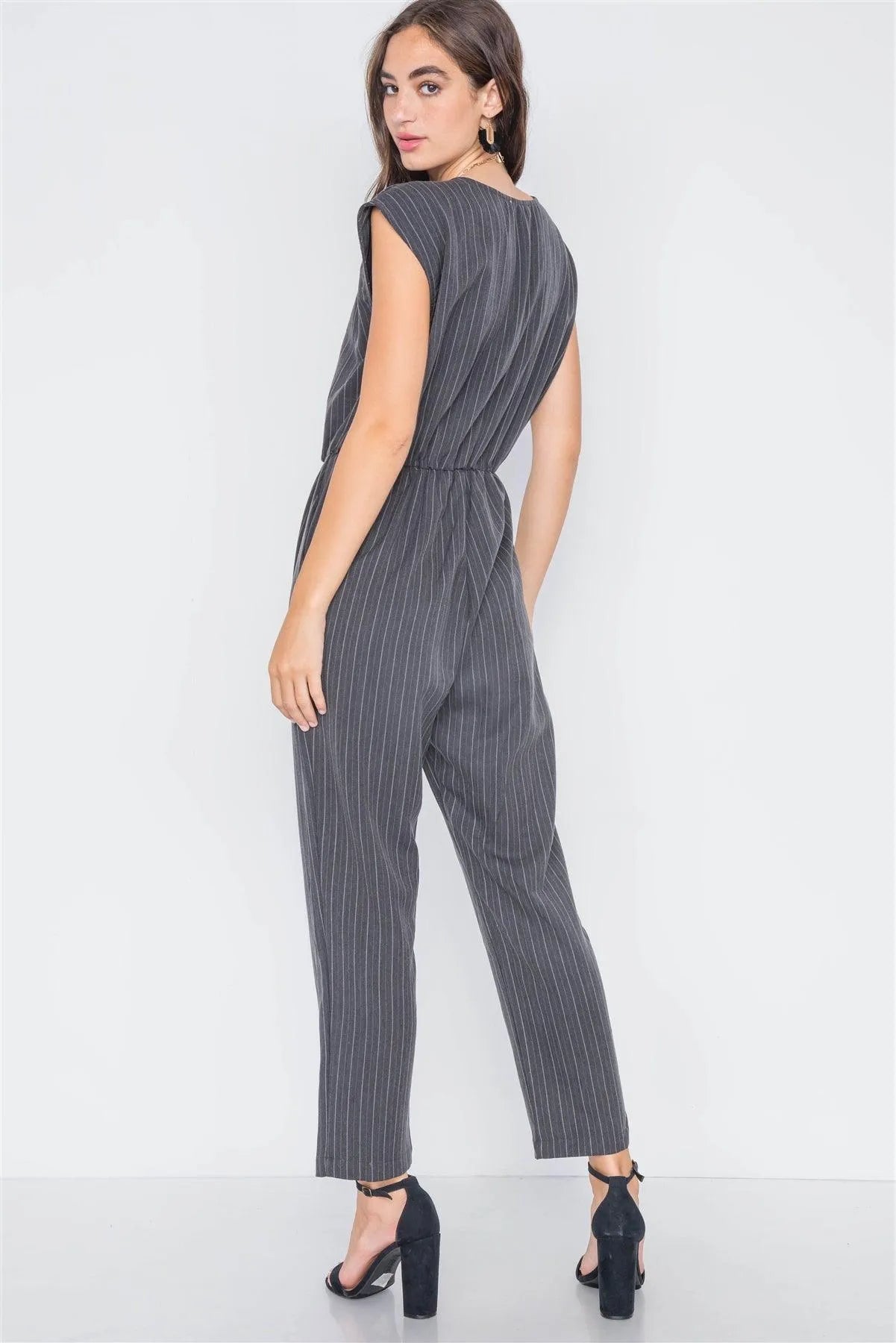Carbon Stripe Surplice Straight Leg Jumpsuit - Tasha Apparel Wholesale