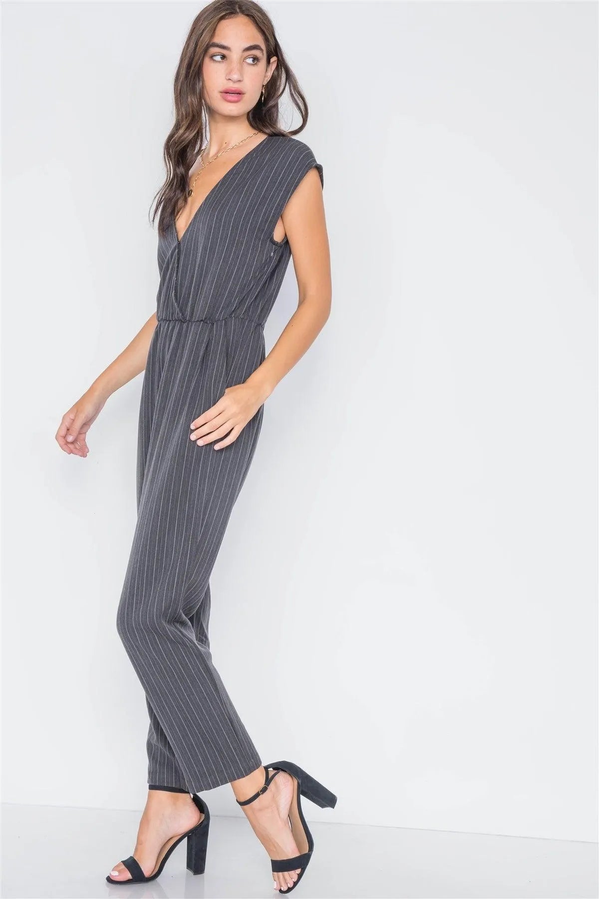 Carbon Stripe Surplice Straight Leg Jumpsuit - Tasha Apparel Wholesale