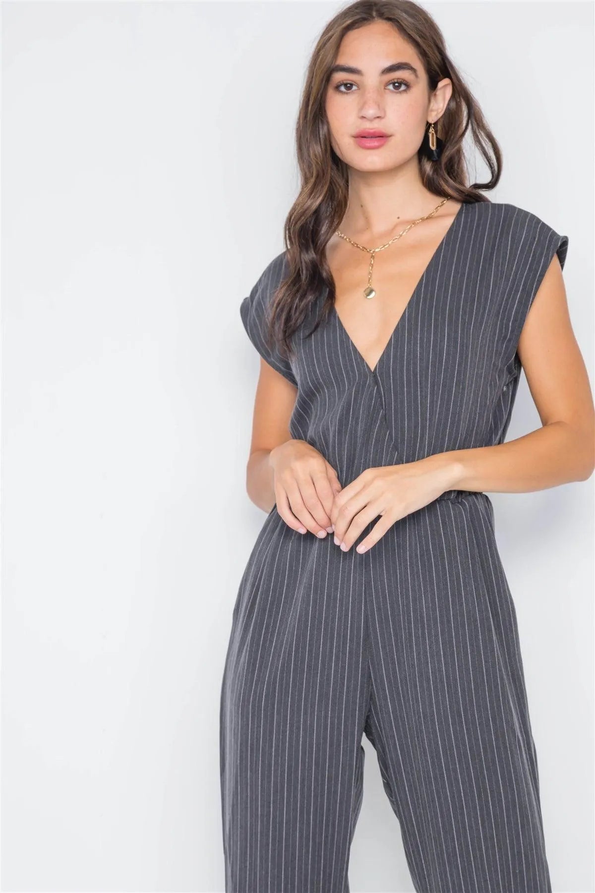 Carbon Stripe Surplice Straight Leg Jumpsuit - Tasha Apparel Wholesale