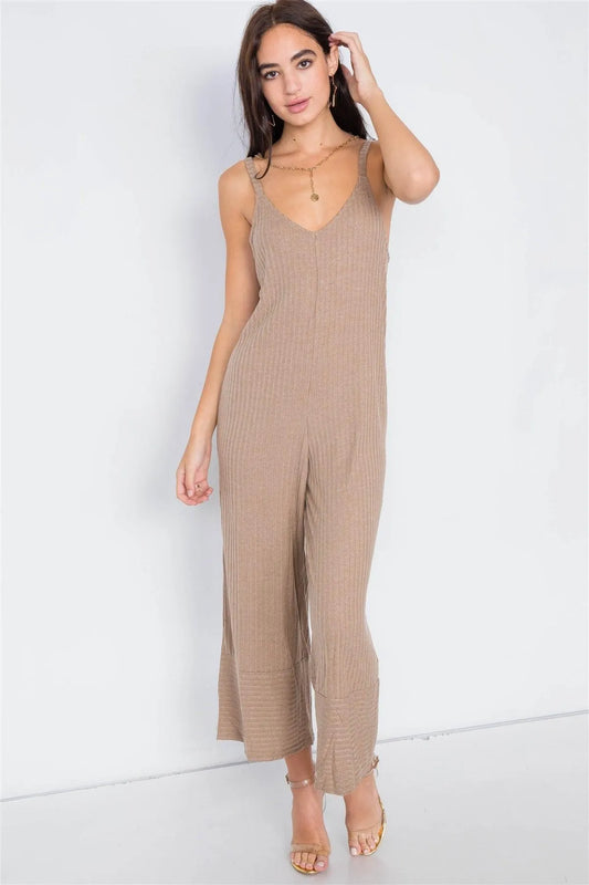 Camel V-Neck Ribbed Knit Gaucho Jumpsuit /3-2-1 - Tasha Apparel Wholesale