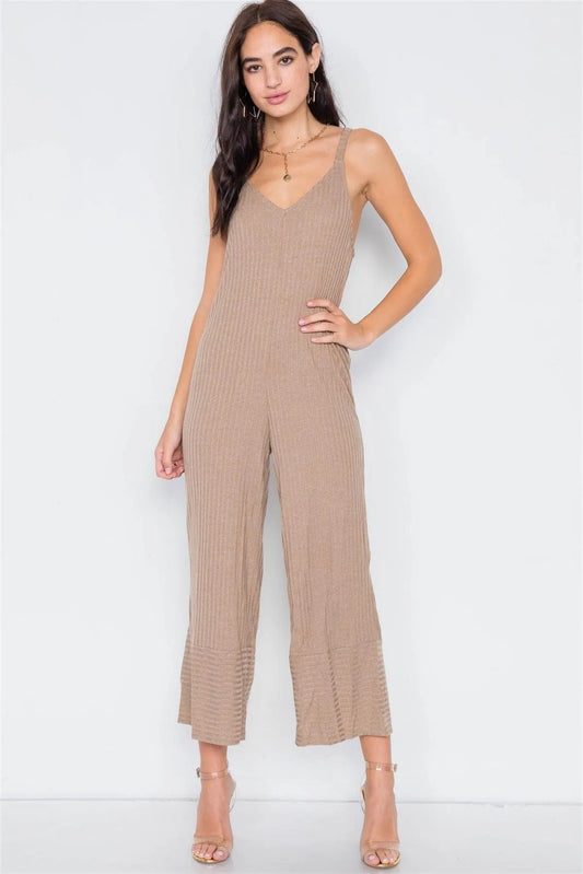 Camel V-Neck Ribbed Knit Gaucho Jumpsuit /4-2-1 - Tasha Apparel Wholesale