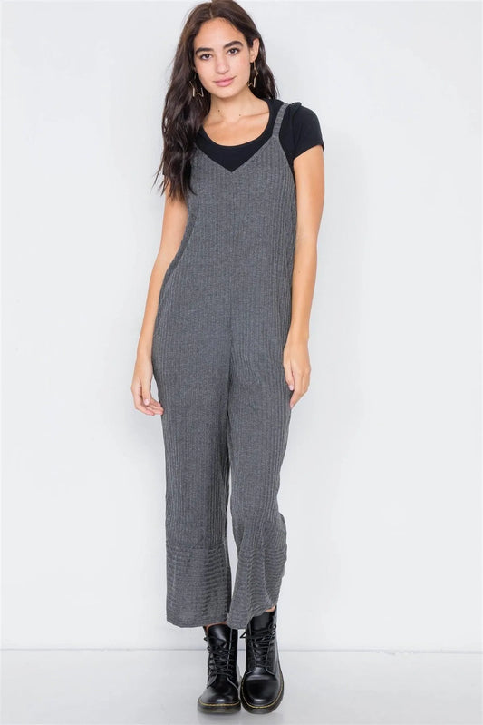 Charcoal V-Neck Ribbed Knit Gaucho Jumpsuit /3-2-1 - Tasha Apparel Wholesale