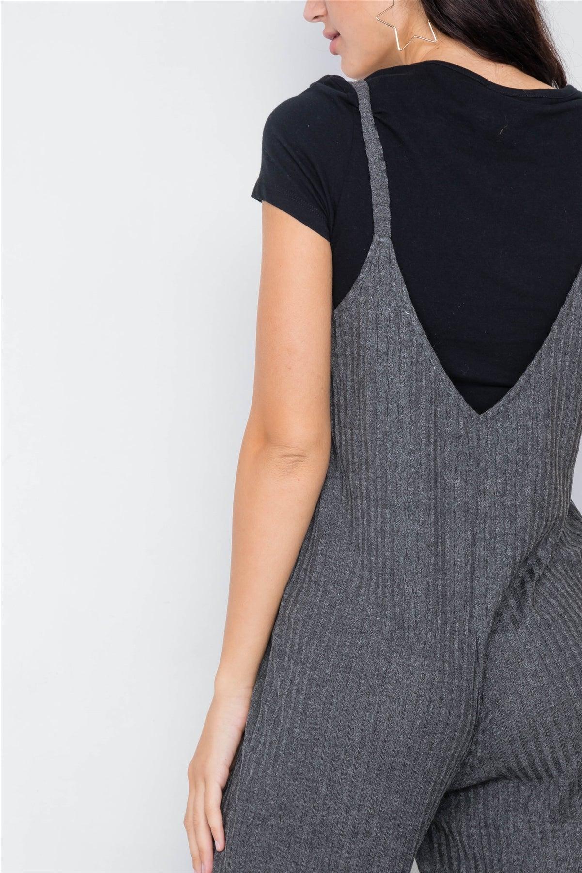 Charcoal V-Neck Ribbed Knit Gaucho Jumpsuit /3-2-1