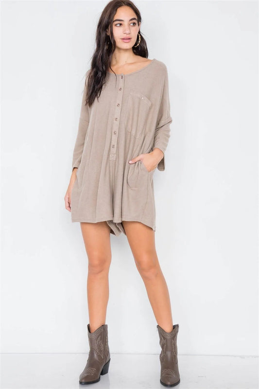 Stone Wool Oversized Drop Shoulder Romper /4-2 - Tasha Apparel Wholesale