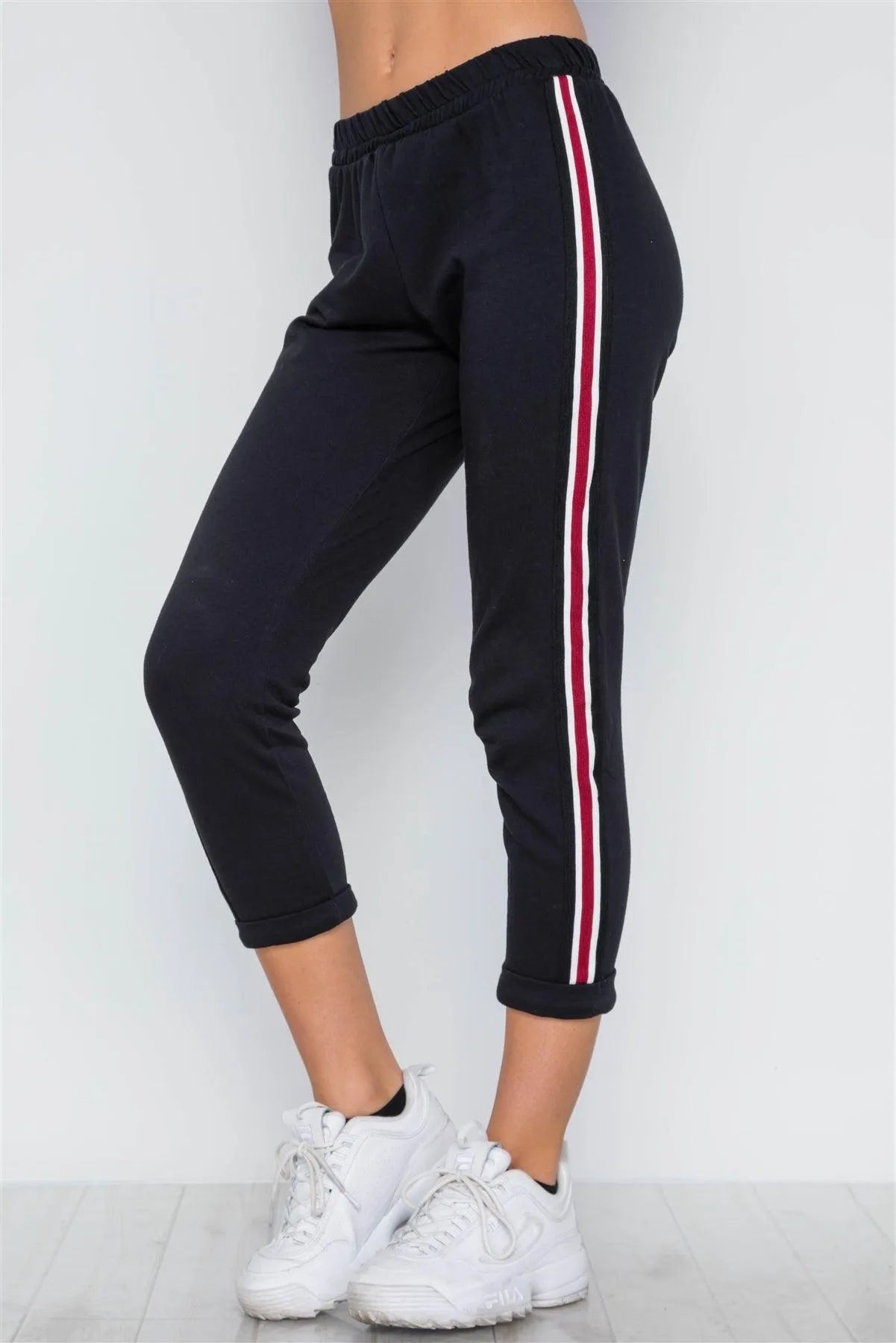 Black Contrast Trim High Waist Sweat Pants /2-2-2 - Tasha Apparel Wholesale