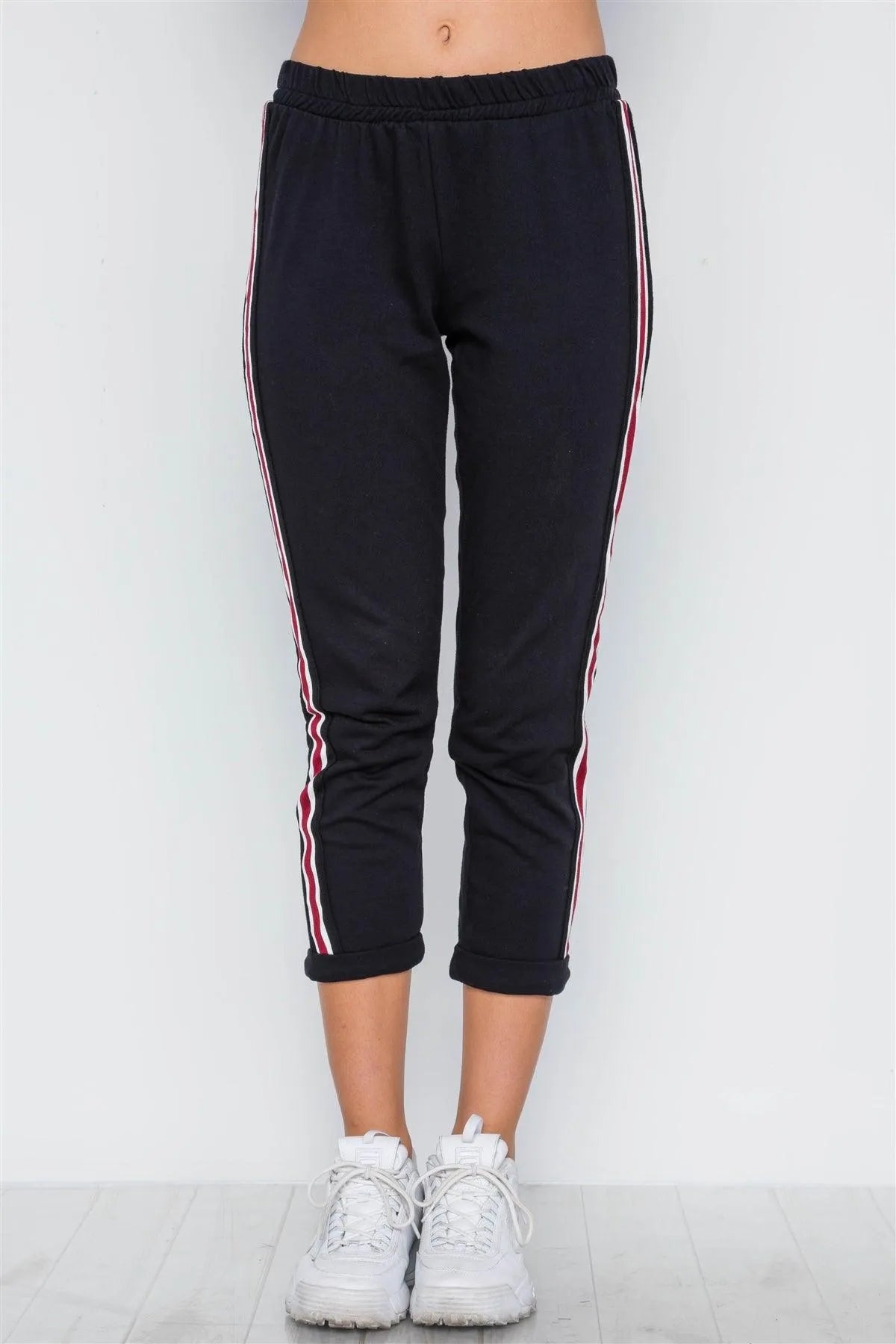 Black Contrast Trim High Waist Sweat Pants /2-2-2 - Tasha Apparel Wholesale