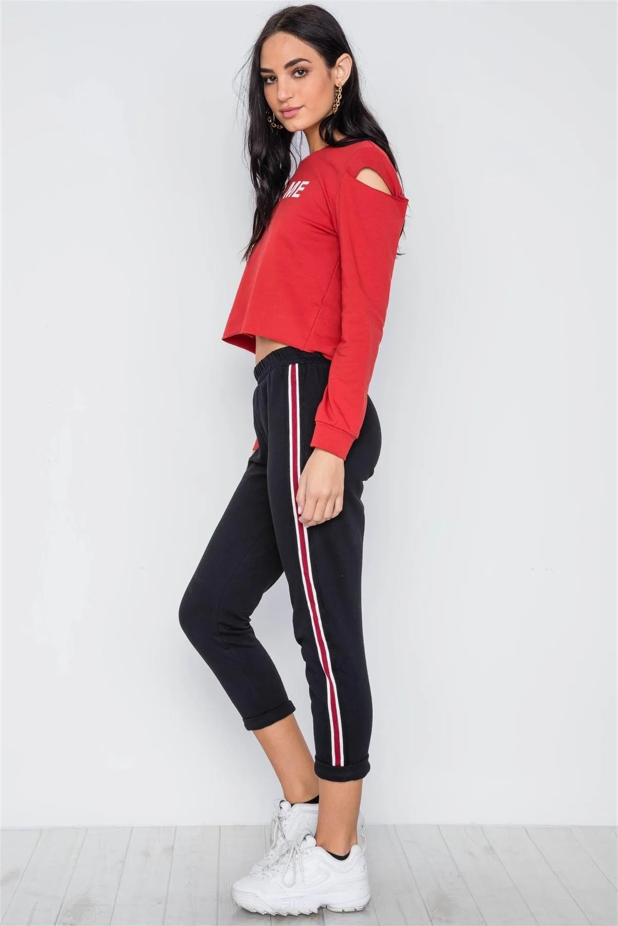 Black Contrast Trim High Waist Sweat Pants /2-2-2 - Tasha Apparel Wholesale